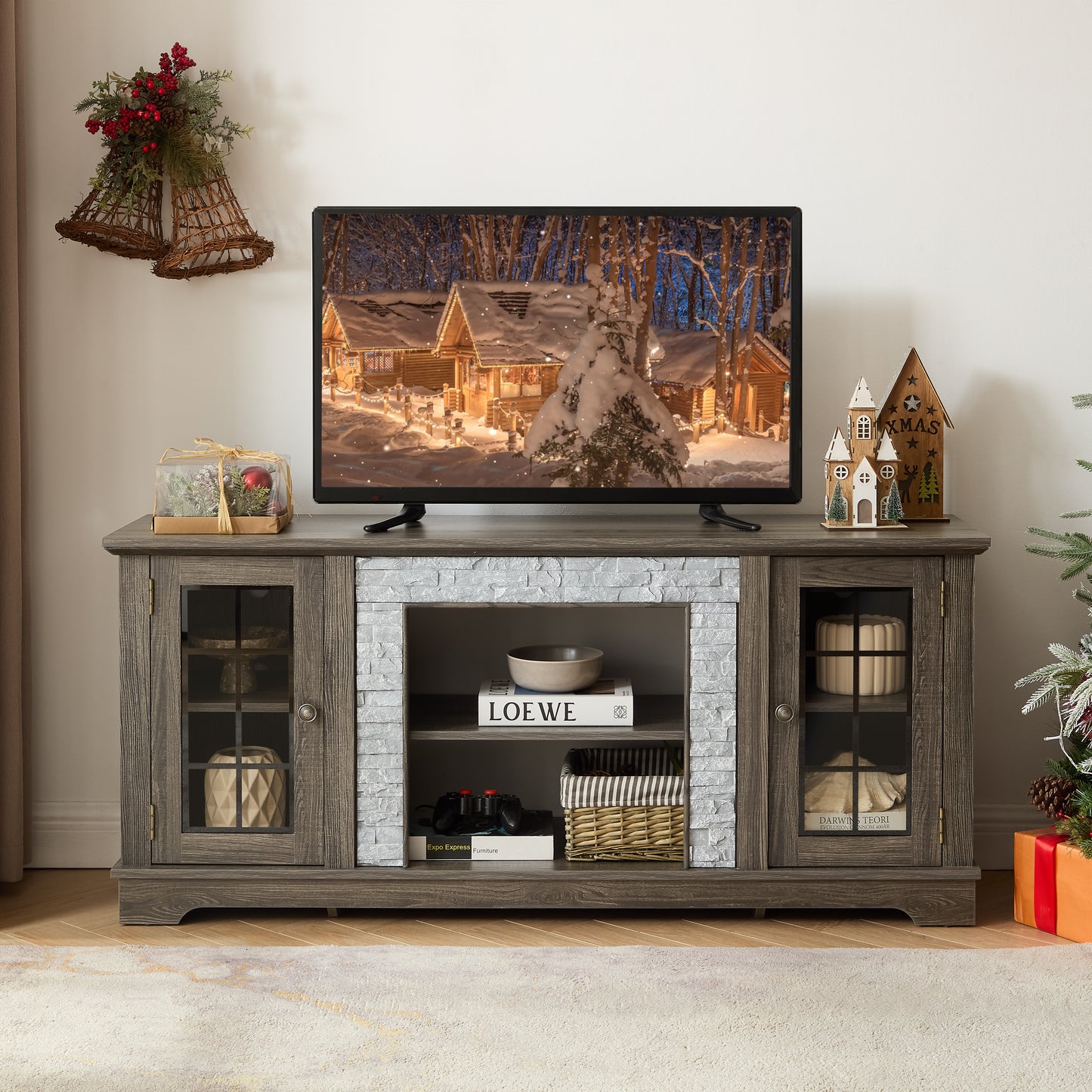 58 Modern TV Stand With 2-Door Storage, Faux Stone Media Console Cabinet, Grey Large Entertainment Center For Living Room