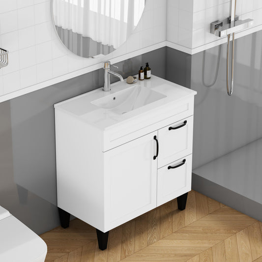 31.5-inch Bathroom Vanity With Sink Combo,Cabinet With 1 Doors And 2 Drawer,Black Metal Handle,Black Feet,Soft Close Hinge,Mordern Bathroom Cabinet,Ceramic Basin,Easy Assemble,White
