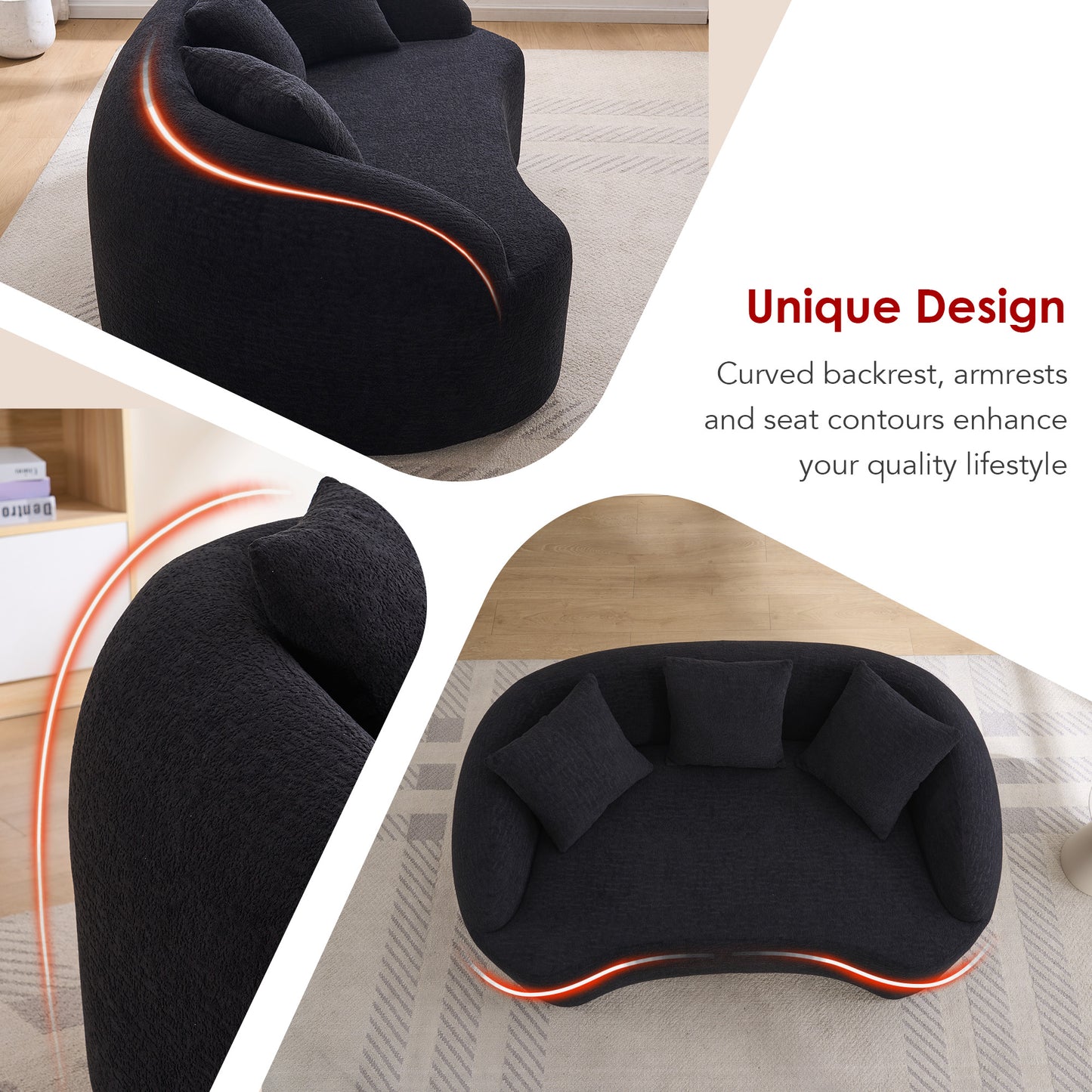 LY-049S Curved Modern Boneless Sofa Loveseat Backrest Upgrade 2-Seater Black Chenille Compression Couch With 3 Pillows Minimalist Modular Couches For Living Room Office Apartment Guest Room