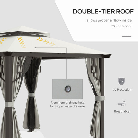 10' X 10' Patio Gazebo, Double Roof Outdoor Gazebo With Privacy Curtains, Mesh Netting, Aluminum Frame Outdoor Canopy Shelter, Cream White