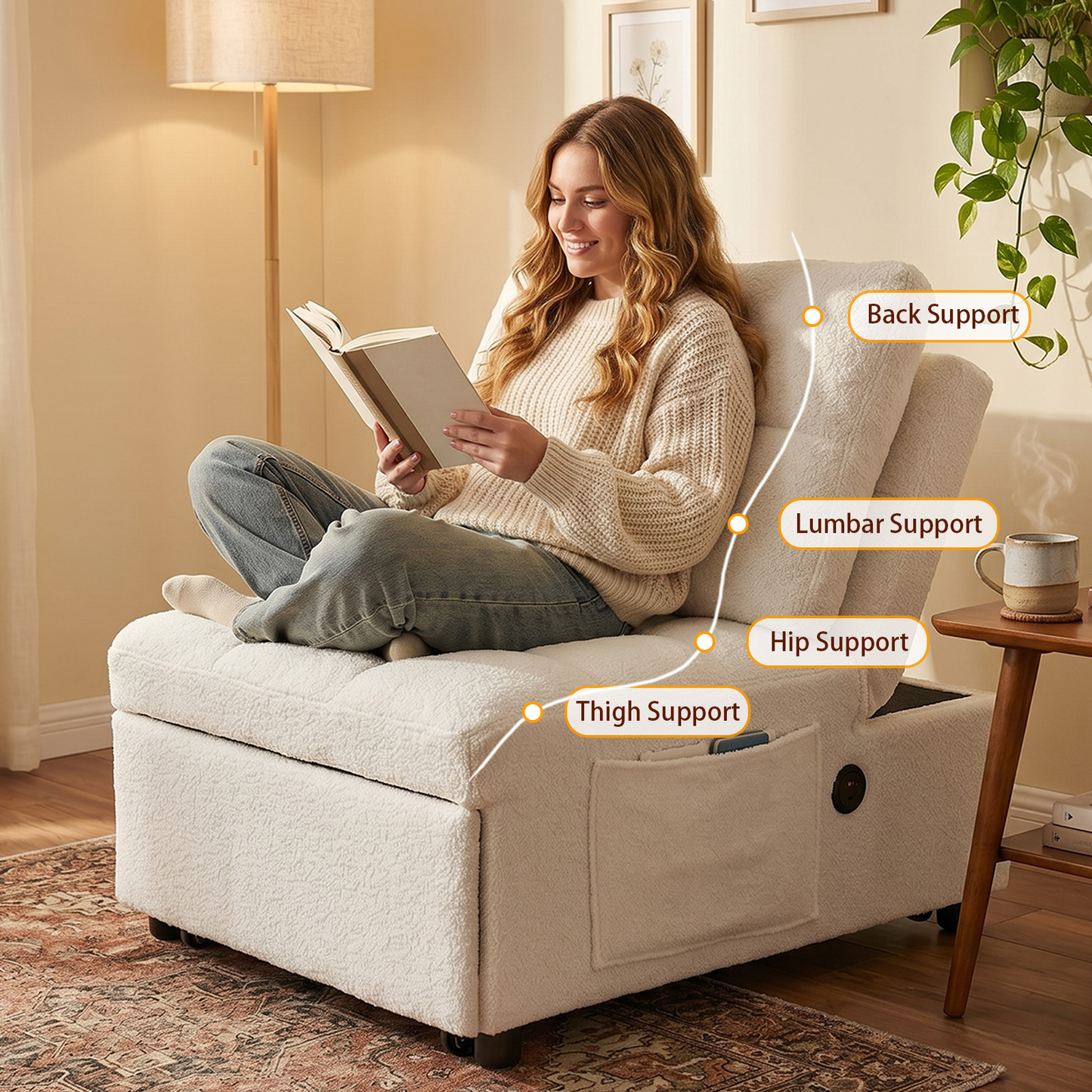 Single Sofa Bed Without Armrests, Soft Teddy Fabric Texture, Skin-friendly, Built-in USB Charging Port, Side Storage Pocket, Adjustable Backrest, Suitable For Small Apartment Living Rooms Or Studies