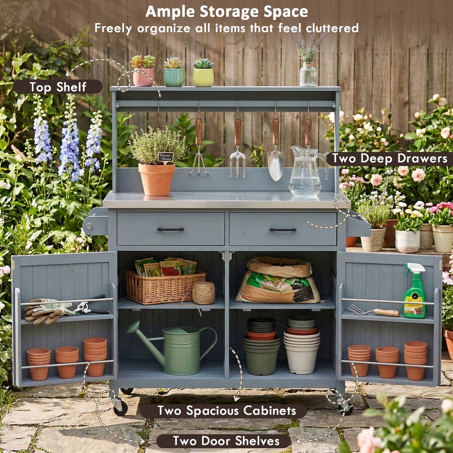 K&K 54.1 Outdoor Kitchen Island With High Shelf, Large Outdoor Potting Bench Table With Stainless Steel Top And Storage Cabinet, Solid Wood Grill Cart With Lockable Wheels For BBQ, Garden, Grey Blue