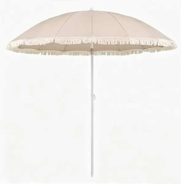7 FT Boho Patio Umbrella With Fringe Tassel, 30' Adjustable Tilt Outdoor Sun Canopy, Portable 2-Section Metal Beach Umbrella