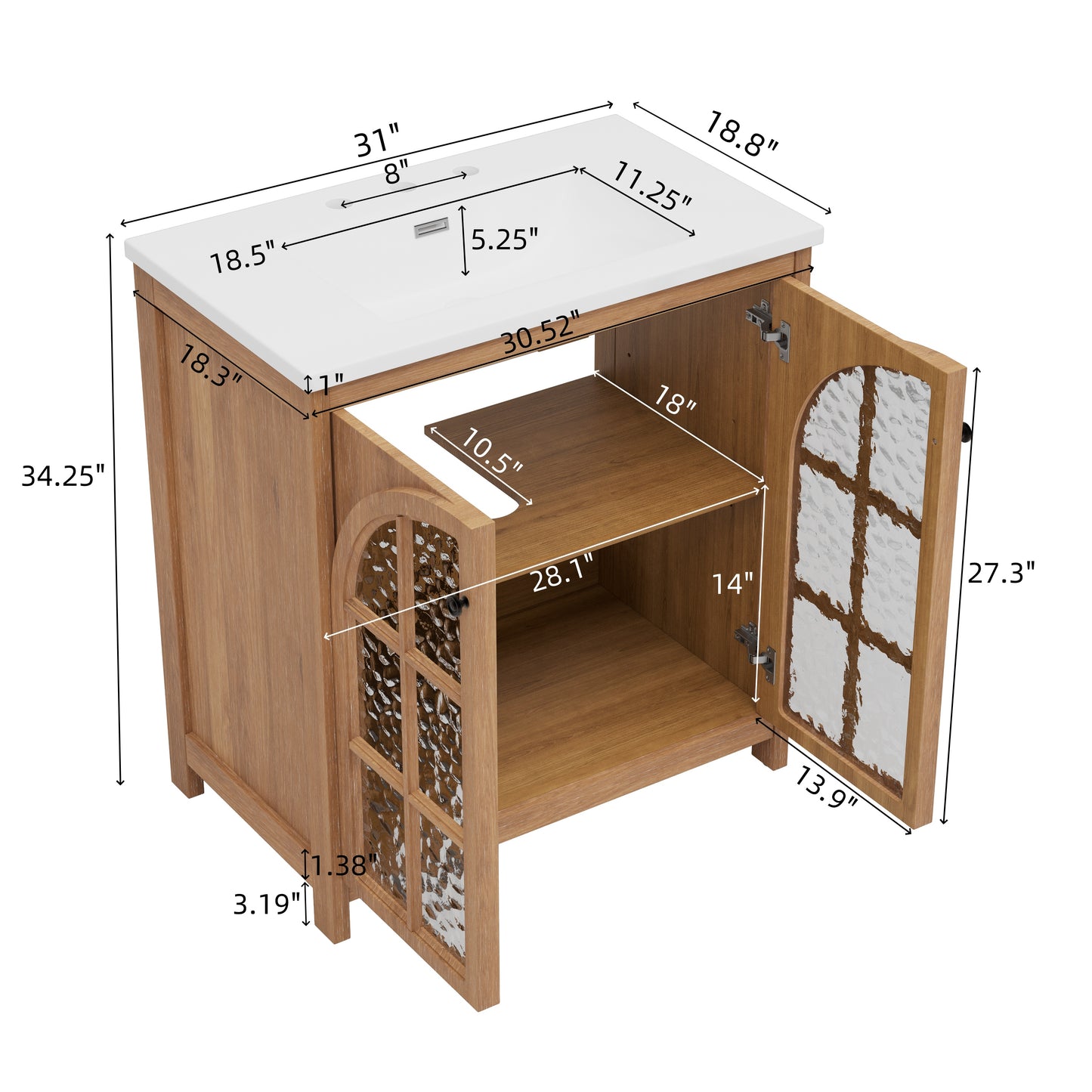 30 Inches Bathroom Vanity With Ceramic Sink, Vintage Rustic Bathroom Cabinet With Bronze Pulls And 2 Soft-Closing Doors, Antique Natural