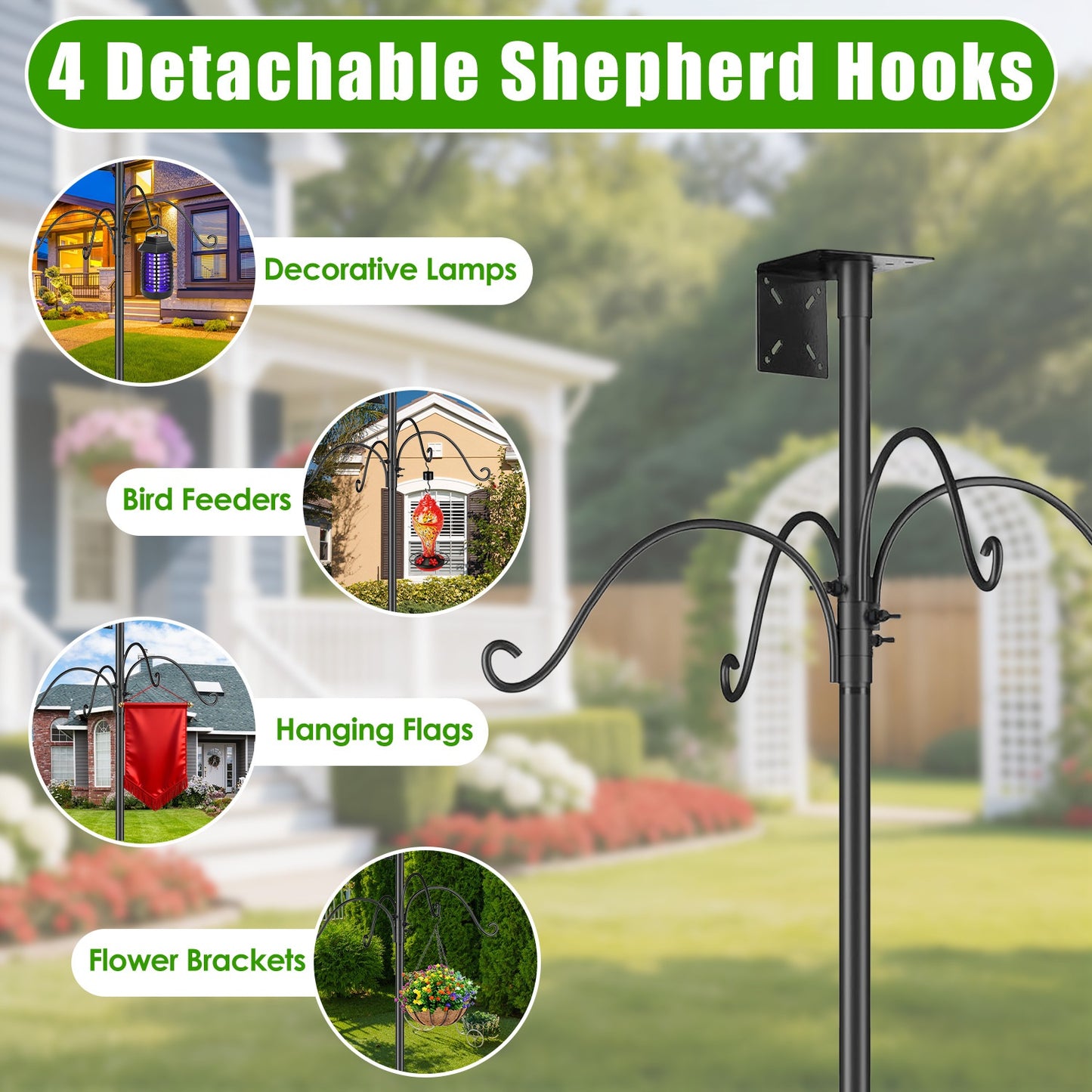 1Pc 94Inch Squirrel Proof Bird Feeder Pole Heavy-Duty Bird House Pole Outdoor Bird Feeding Station With 5 Adjustable Heights 4 Shepherd Hooks Top & Side Mount Brackets 5-Pronged Base