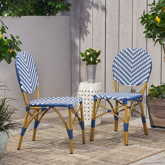 Outdoor PE Ratten And Aluminum French Armless Bistro Chairs, Set Of 2, Navy Blue, Bamboo Print Finish