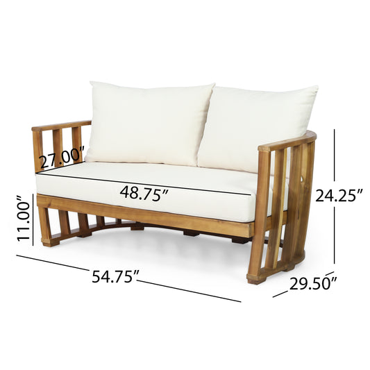 Outdoor Acacia Wood Loveseat And Coffee Table Set With Cushions, Teak, Beige