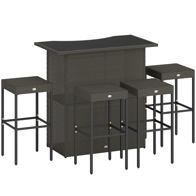 5 Piece Rattan Wicker Bar Set, High Top Outdoor Table And Chairs, Bar Height Patio Set, 2 Shelves & 4 Bar Stools, Brown