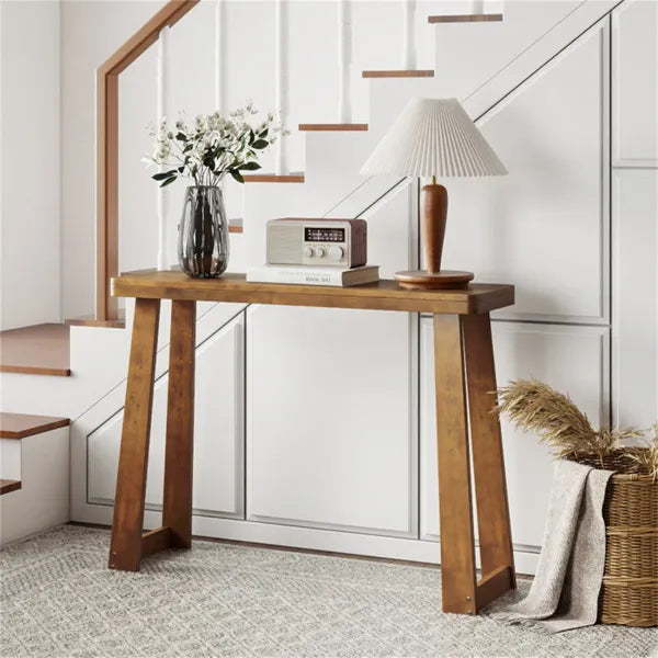 Walnut Solid Rubber Wood Narrow Console Table, 43" Space-Saving Entryway Table For Small Hallways