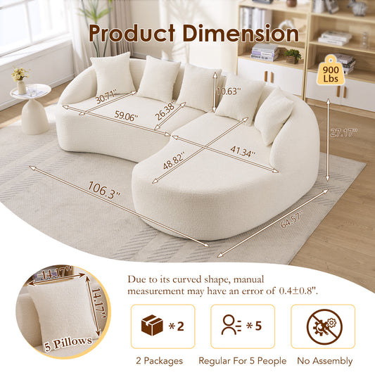 New Boneless L-Shape Sectional Sofa With Curved Chaise White Modular Chenille Compression Couch 30D High-Density Foam Minimalist Modular Couches Sleeper For Living Room Bedroom Apartment Lounge.
