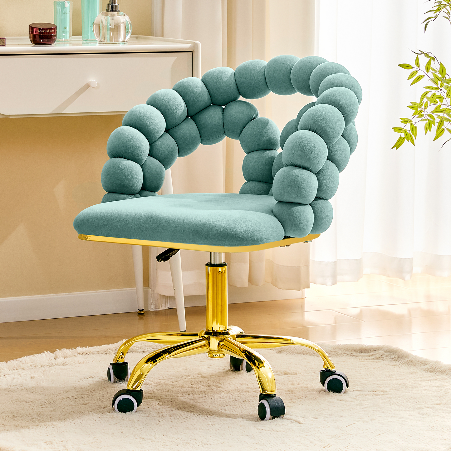 Modern Velvet Adjustable Swivel Desk Chair With Bubble Back, Upholstered Vanity Chair With Gold Metal Base, Rolling Office Chair For Home Office, Bedroom, Makeup Room, Teal Set Of 1