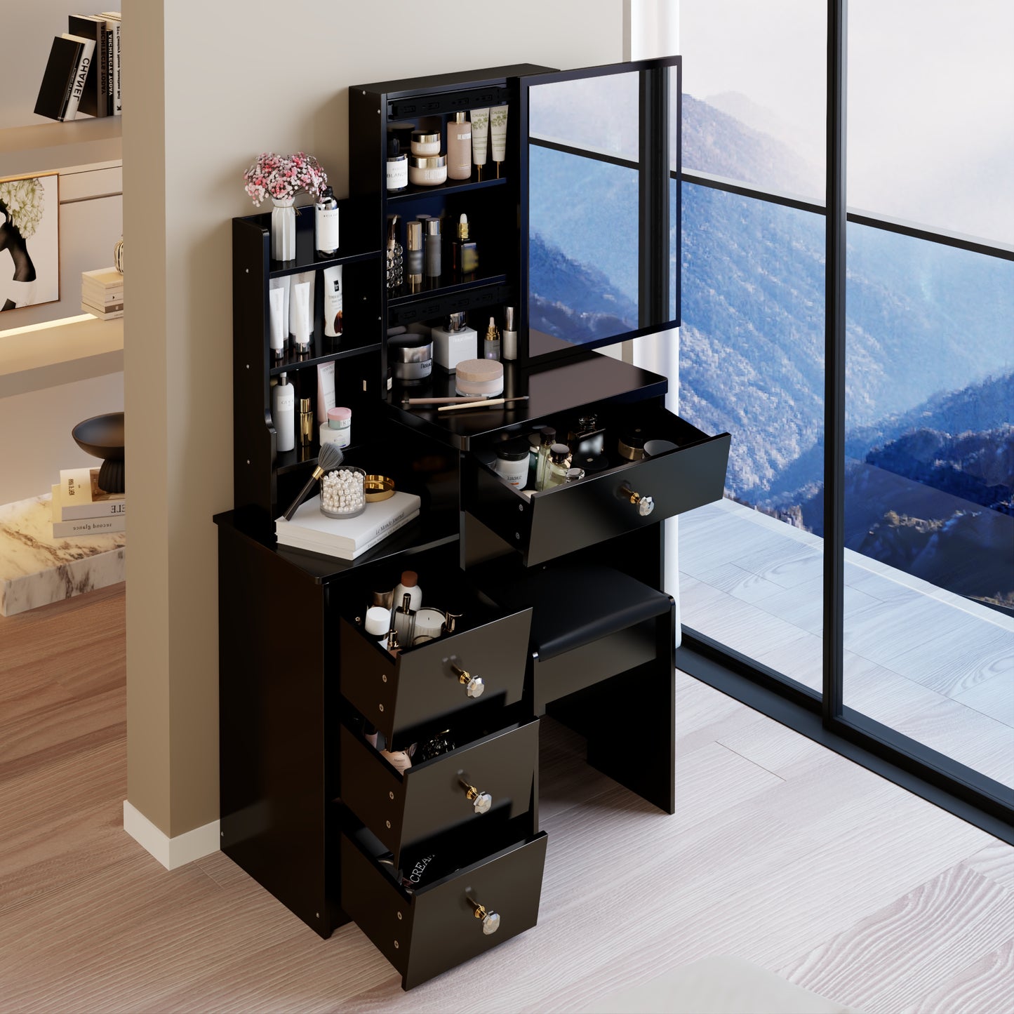 29.2 Small Space Left Bedside Cabinet Vanity Table Cushioned Stool, Extra Large Right Sliding Mirror, Multi Layer High Capacity Storage, Practical Fashionable Dresser, Suitable For Small Space