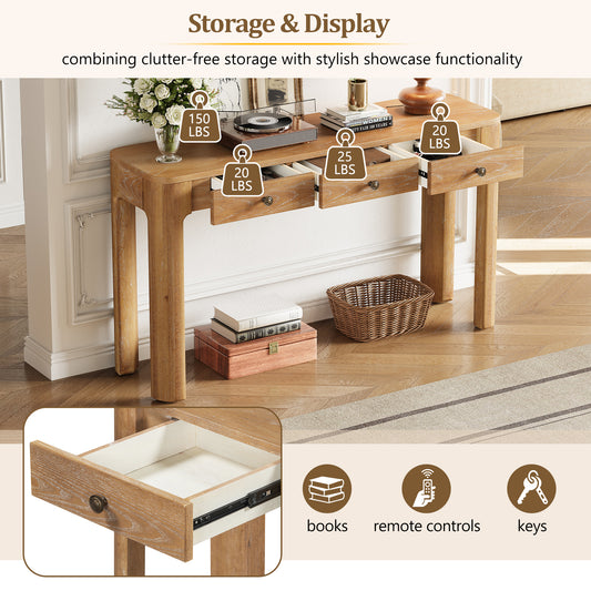 TREXM Rustic Console Table With Curved Corners For Safety Entryway Table With 3 Concealed Drawers Sturdy Sofa Table With Thick Legs For Hallway & Living Room Natural