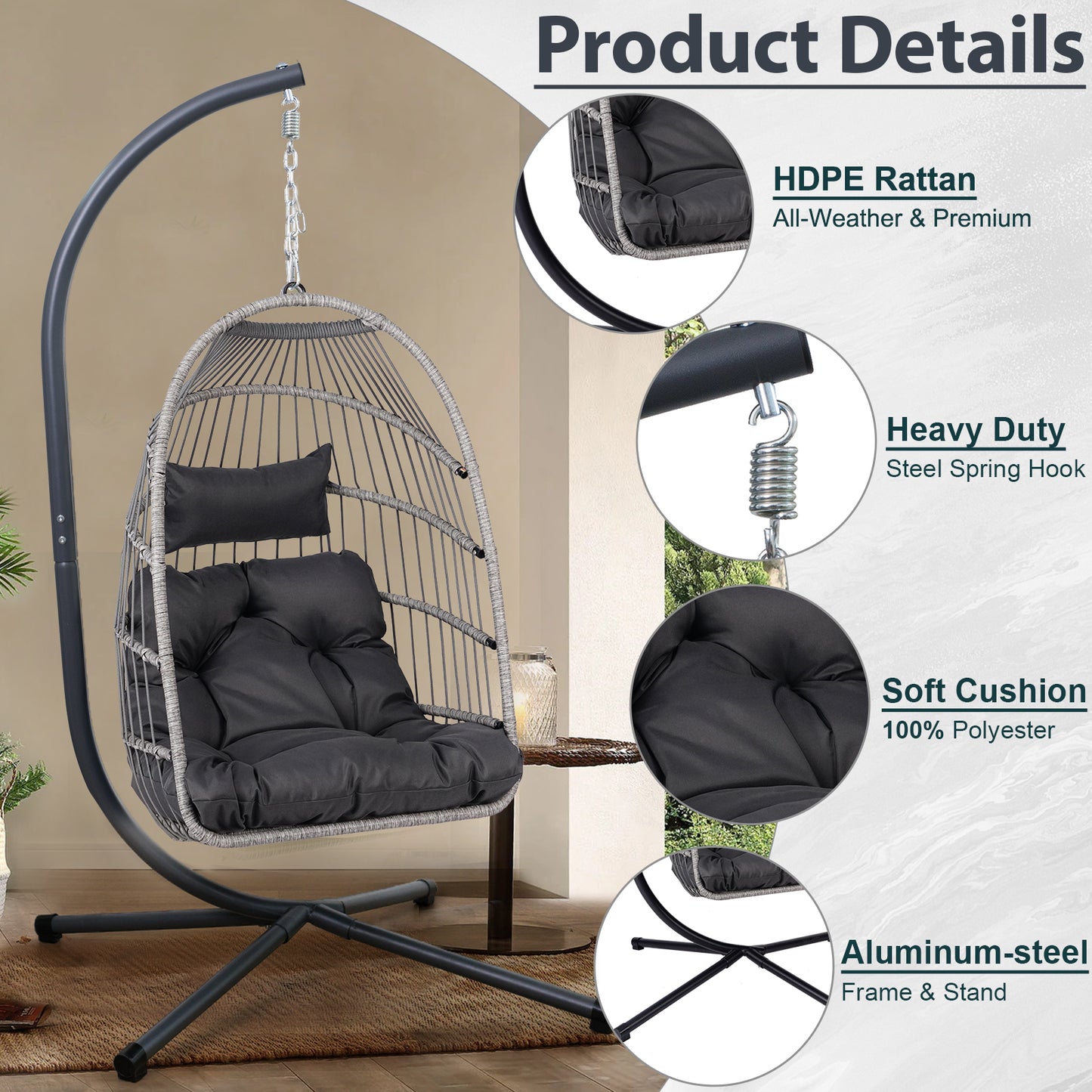 Outdoor Egg Hanging Chair With Stand Patio Wicker Swing Egg Chair Indoor Swinging Chair Outdoor Hammock Egg Chair