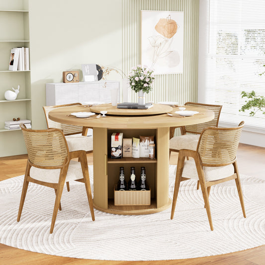55-inch Round Dining Table For Six, Featuring A Double-tiered Storage Rack And A Rotating Tabletop Tray. Wooden Wavy-striped Sliding Doors. Ideal For Home Dining Room Living Room Natural.
