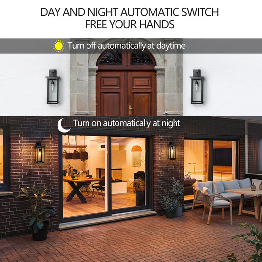 20 H Set Of 2 Modern Outdoor Wall Lanterns With Black Metal Frame And Clear Glass, Ambient Light Sensors,Weatherproof Wall Sconces For Porch, Garage, Or Entryway Lighting, E26 Bulb Compatible