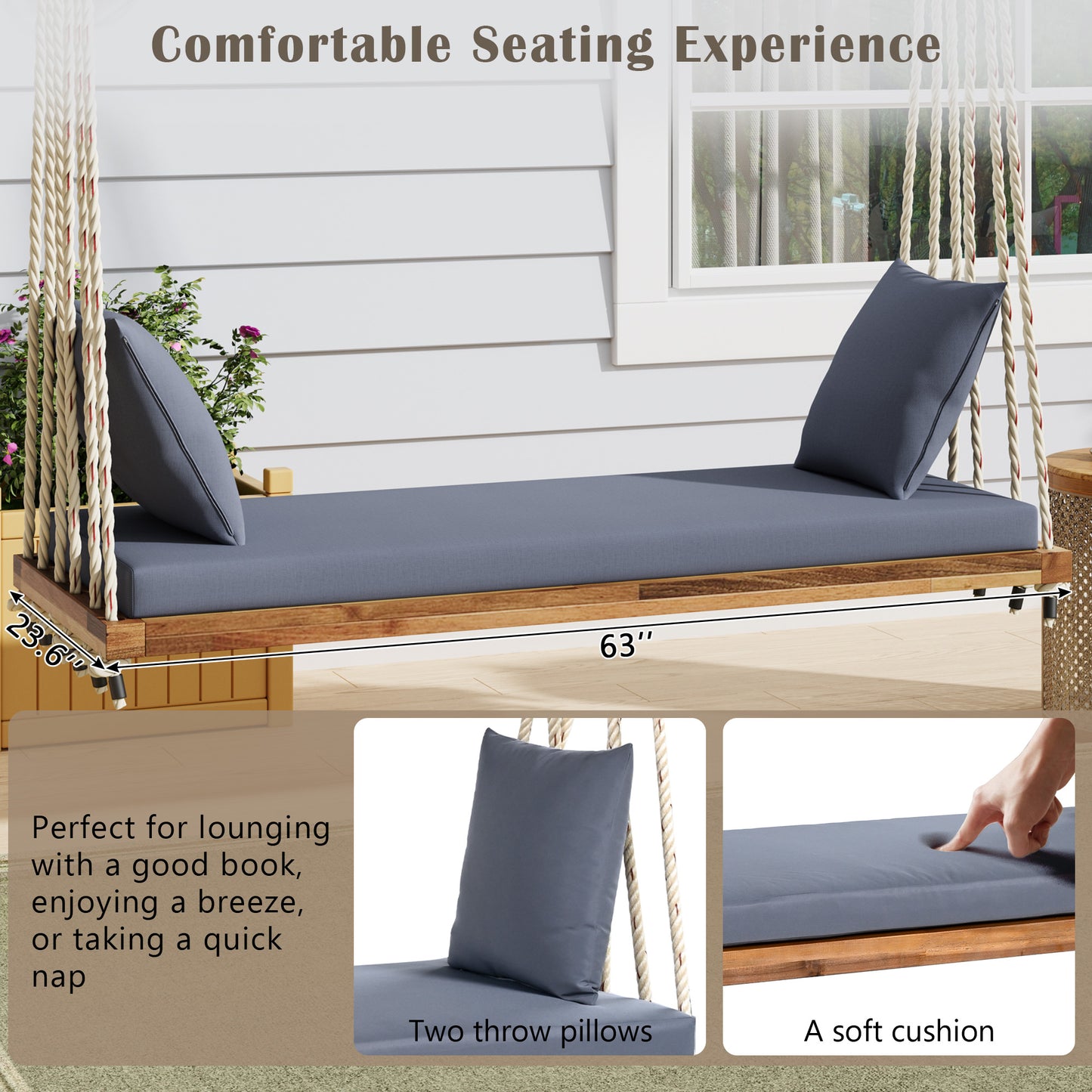 TOPMAx Patio Wooden Swing Chair Hanging Porch Swing Bench With Cushion&Pillows 10.8Ft Hemp Ropes For Garden Lawn Natural