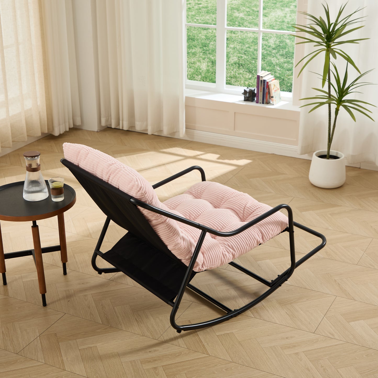 Outdoor Rocking Chair, Comfy Cushion With Soft Thick Cushion,for Living Room, Bedroom, Reading Room, Black Frame With Cushion