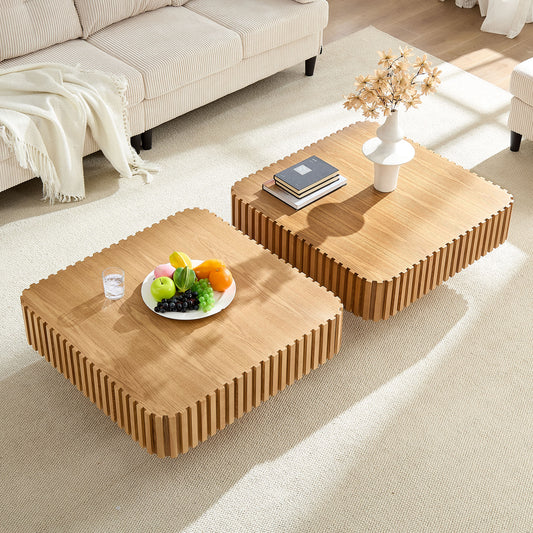 2PCS Set 31.5 Inch Modern Handcraft Drum Coffee Table Square Coffee Table For Living Room,Small Wooden Coffee Table With Sturdy MDF Pedesta,Natural Color