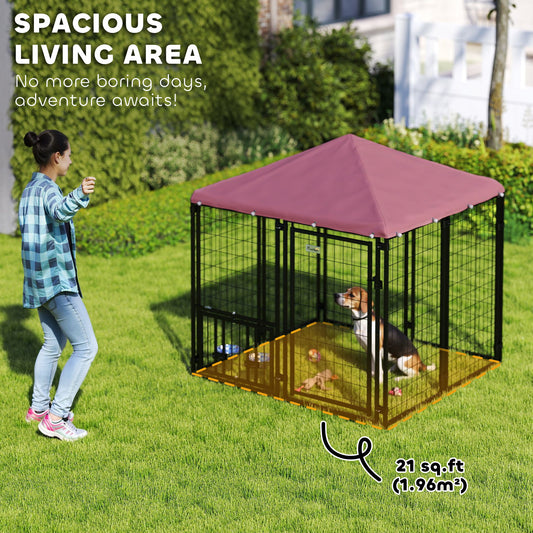 Welded Wire Outdoor Dog Kennel With 360° Rotating & 4 Levels Adjustable Bowls, Waterproof Cover, 4.6' X 4.6' X 5'