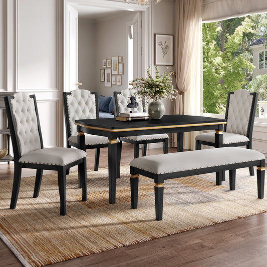 6-Piece Kitchen Dining Table Set, 60 Rectangular Table And 4 High-Back Tufted Chairs & 1 Bench For Dining Room And Kitchen Black OLD