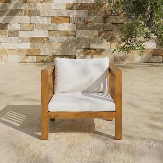 Outdoor Acacia Wood Club Chair With Modern Square Arms, Patio Chair With Thick Cushion, Adjustable Leveling Feet For Poolside, Deck, Beige Cushion