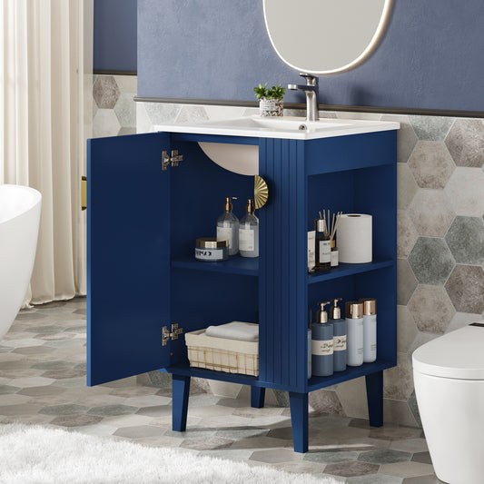20-inch Bathroom Vanity With Ceramic Sink, Freestanding Single Vanity Set With Soft Closing Door, Chic Half-Moon Pulls, French Style, Blue