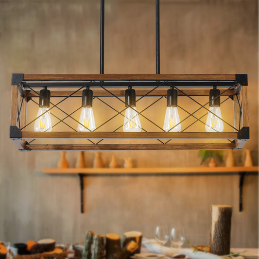 Same As W1340111207 L1011 32 Walnut Industrial Farmhouse Rectangle Pendant Light, 5-Light Chandelier For Dining Room, Kitchen Island, Cafe Decor No Bulbs