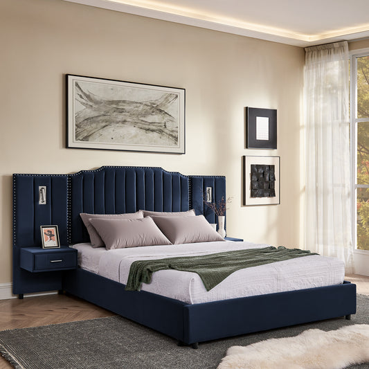 Queen Size Upholstered Bed Frame With Velvet Fabric, Vertical Stripe Design With Buttons Around Platform Bed With Headboard, Solid Frame & Bedside Table - No Box Spring Needed-Dark Blue