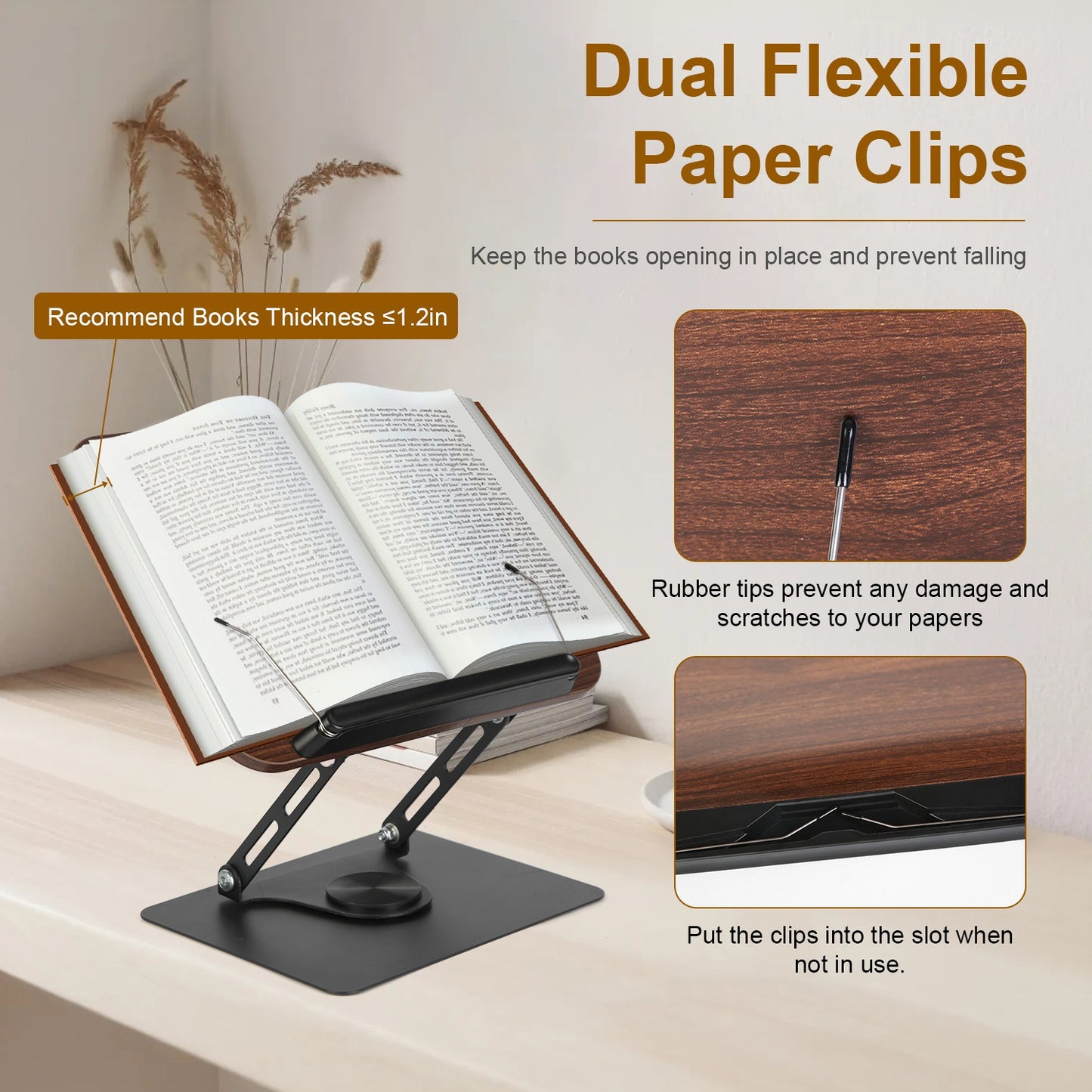 1Pc Book Stand For Reading Foldable Wood Book Holder Reading Rack Paper Stand With Adjustable Height 360 Degree Rotatable Base Dual Paper Clips For Book Sheet Music Laptop Drawing Tablet