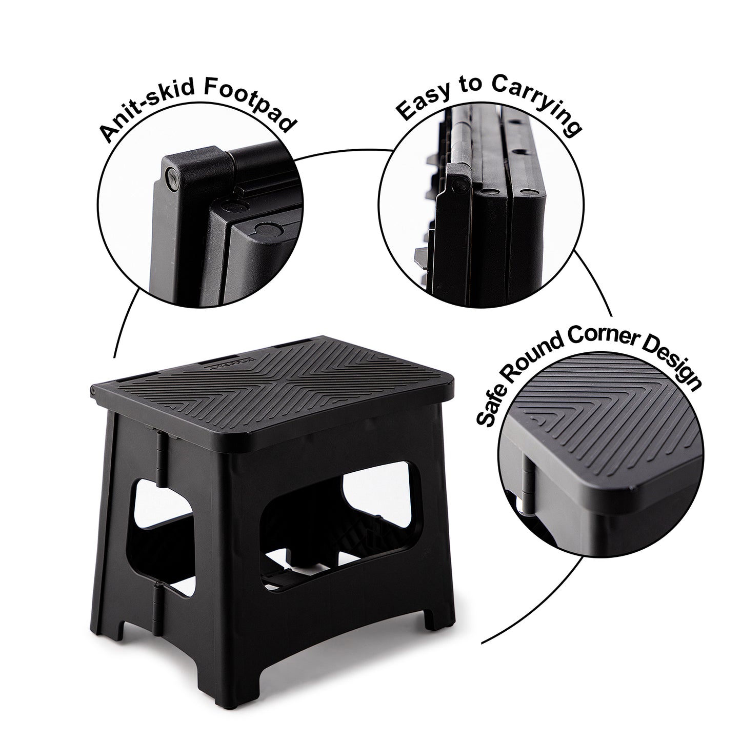 9in Folding Step Stool, Compact, Portable, Non-Slip, 300 Lbs. Weight Capacity For Adults And Children. Secure Non-slip Top And Rubber Feet, Great For Home And Camping, Black Color