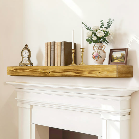 60 Fireplace Mantel, Rustic Fireplace Mantle Shelf With Invisible Brackets, Handcrafted Wood Floating Fireplace Mantel, Wall Mounted Fireplace Mantel Shelf For Living Room Decor, Wood Color