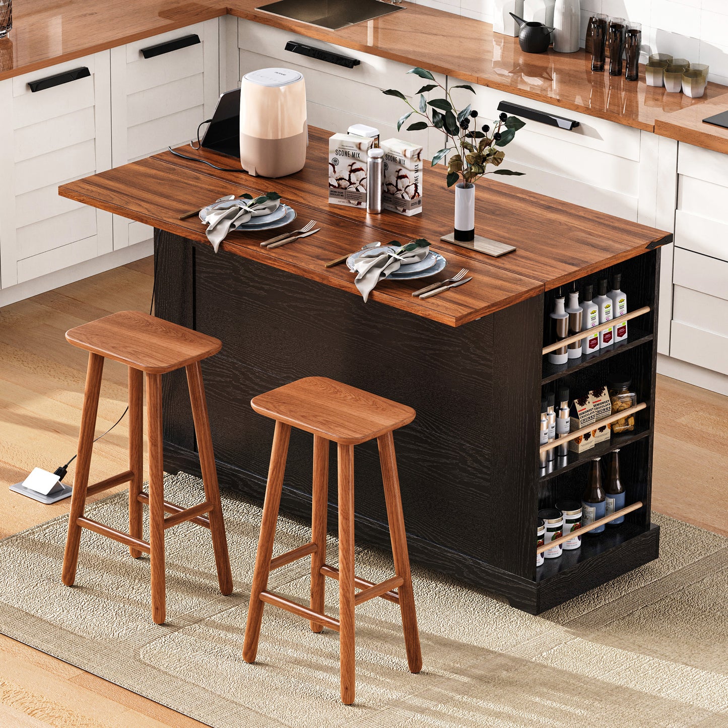 K&K 53 Farmhouse Kitchen Island With Two Tempered Glass Cabinet Doors, Power Outlet, Rolling Kitchen Cart On Wheels With Drop Leaf, 5 Open Side Racks, 3 Drawers, For Kitchen, Dining Room, Black