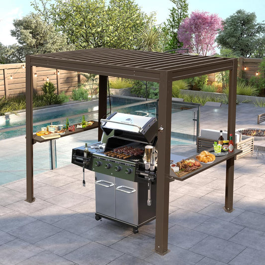 8x5 FT Grill Louvered Pergola For Outdoor Grill, Hardtop Grill Pergola With Built-in Gutter & Adjustable Rainproof Roof, Metal Shelter Gazebo For Patio Deck -Brown