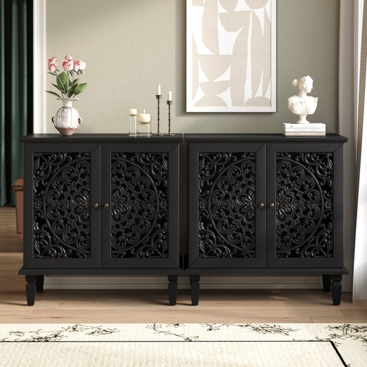 Vintage Hollow-Carved Accent Cabinet, 2-Door Display Storage Sideboard With Symmetrical Floral Design, Adjustable Shelf And Solid Wood Legs For Living Room Entryway Black