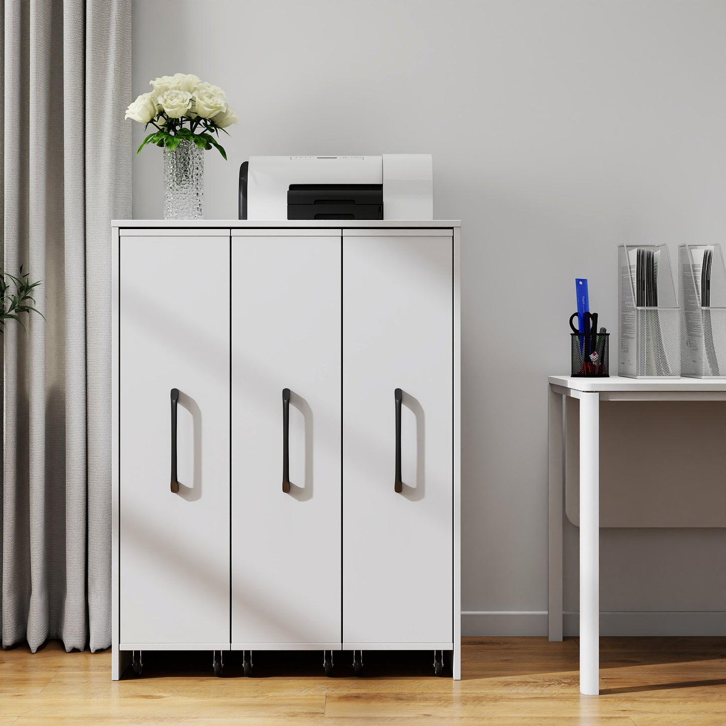Bookcase With Three Pulled Out Doors Shelving Cabinet,3 Tier Floor Standing Bookcase,Slide Out Storage Bookcase File Cabinet,Office Bedroom Living Room Hidden Storage Cabinet With Wheels