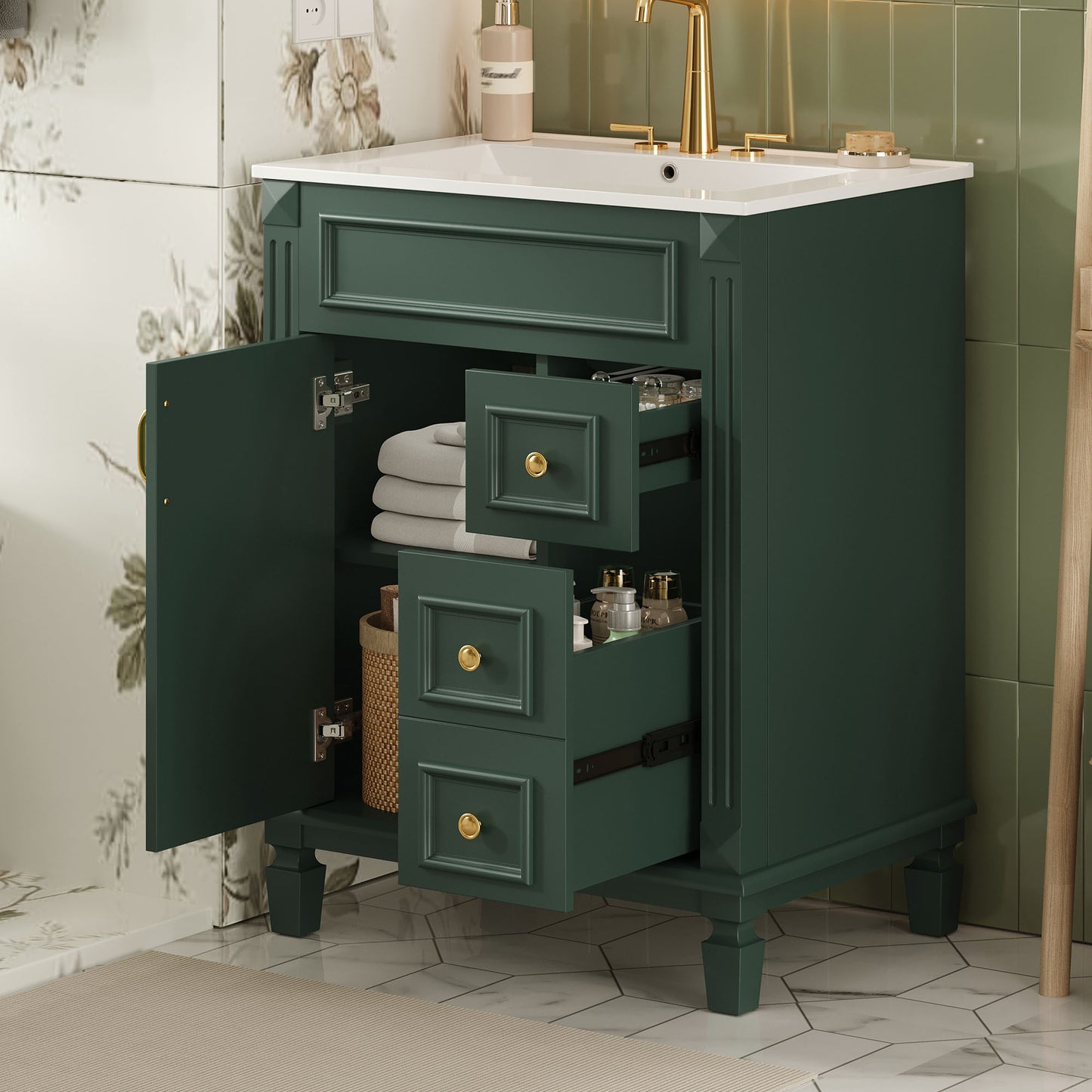 24 Bathroom Vanity With Ceramic Sink, Small Bathroom Sink Cabinet, Modern Cabinet With 2 Drawers And Adjustable Shelf