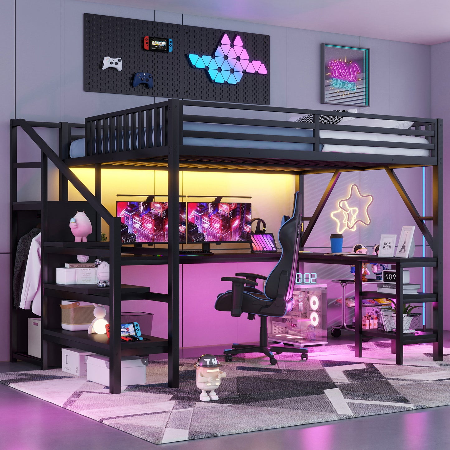 Metal Queen Loft Bed With Wardrobe And LED Light, Queen Size Loft Bed With L Shaped Desk And USB For Kids Teens Adults, BlackOld SKU W2593S00043,Expect Arrival Date 2026 3 7