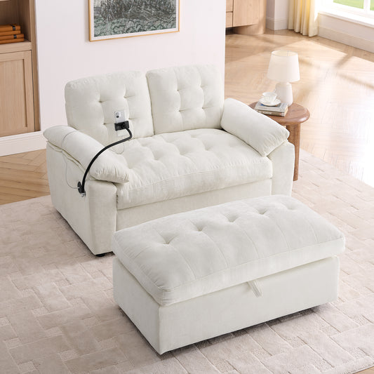 Leisure Sofa Chair,Double Sofa Recliner, With Manually Adjustable Backrest, Soft Padded Armrests, Side USB Charging Port And Phone Stand, Comes With A Matching Storage Ottoman-Beige