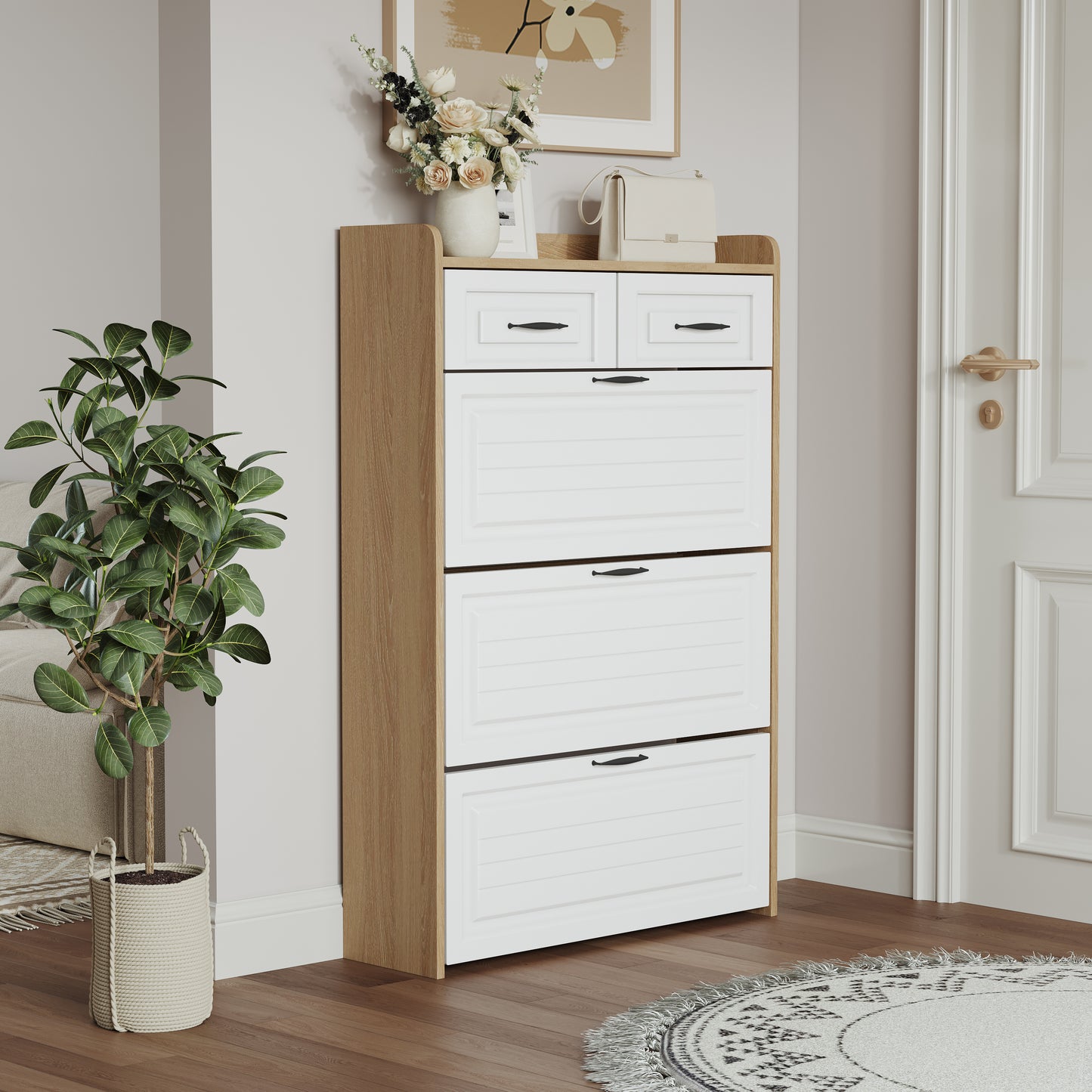 1250 White Oak Color Shoe Cabinet With 3 Doors 2 Drawers,large Space For Storage