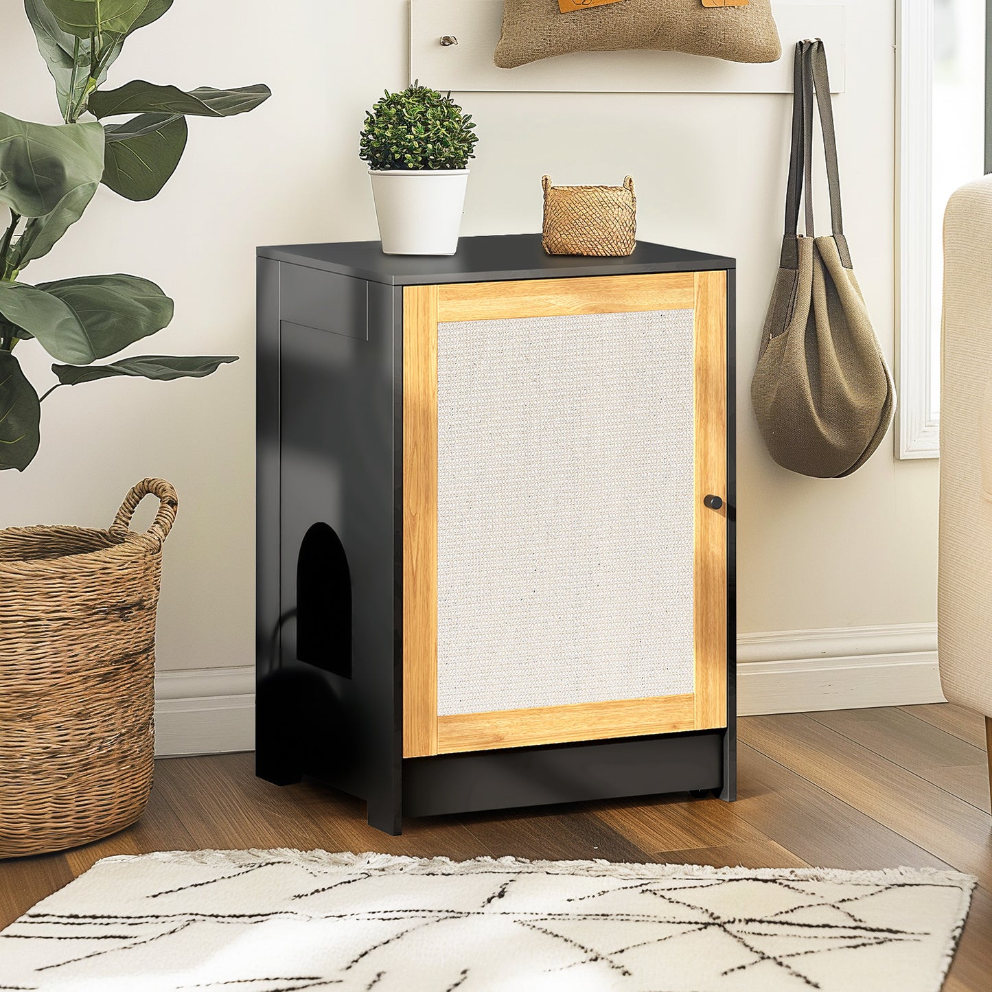 Cat Litter Box Enclosure, Hidden Cat Washroom, Kitty End Table, Litter Cabinet With Sisal Door,Black
