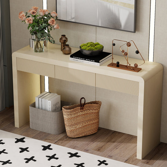 TREXM Rustic Console Table With 3 Fluted Drawers - Solid Wood Veneer Entryway Table Featuring Natural Wood Grain For Living Room Hallway Apricot