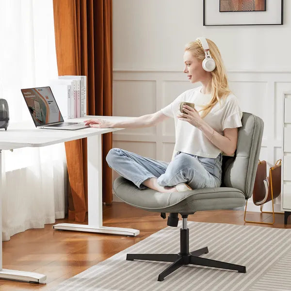 Criss Cross Legged Chair, Armless Office Desk Wide Seat No Wheels, Swivel Height Adjustable Comfy
