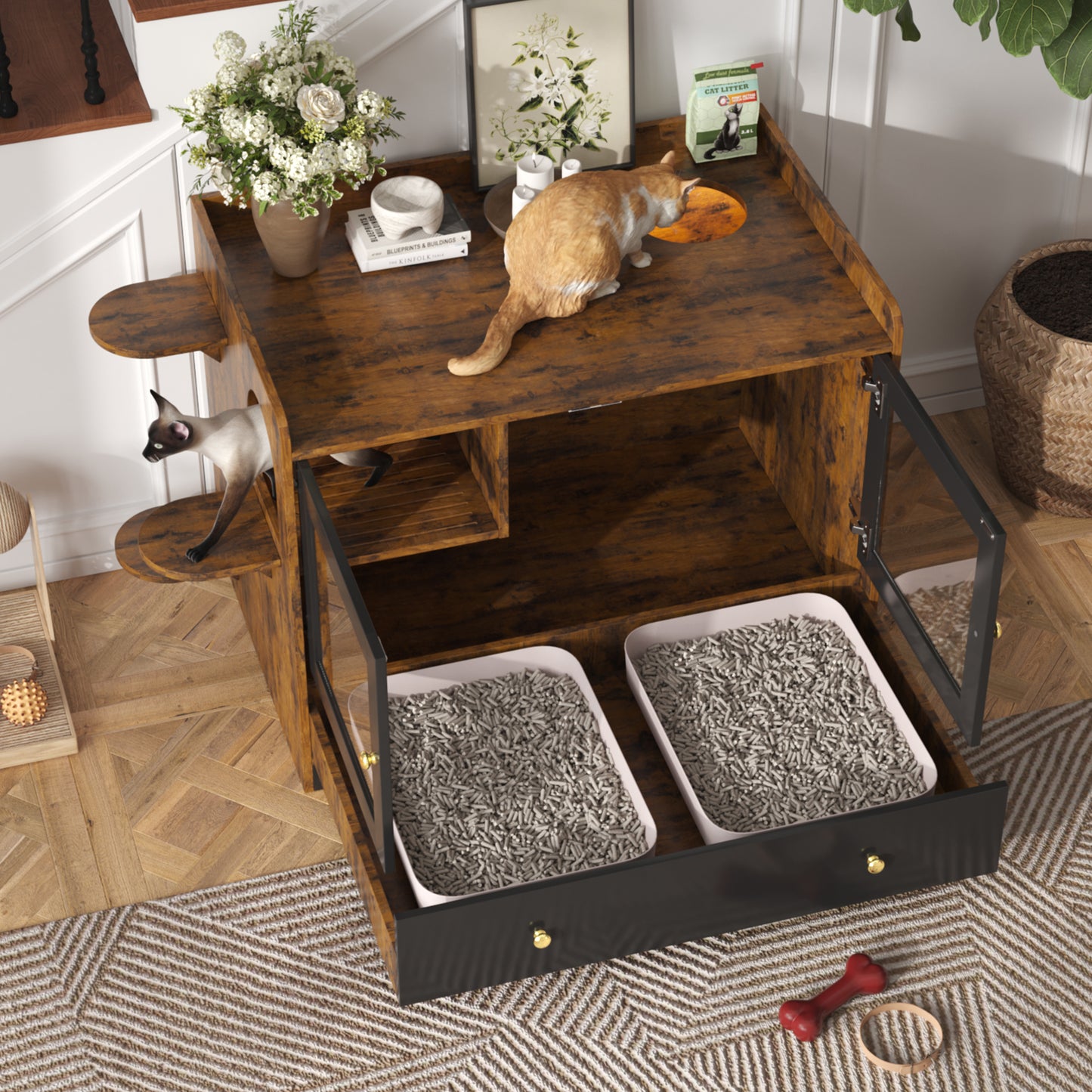 Cat Litter Box Enclosure, Hidden Cat Litter Box Furniture With Drawer And Stairs, Wooden Cat House Washroom For Bedroom,Cat Cabinet Side Table For Living Room, Rustic Brown And Black