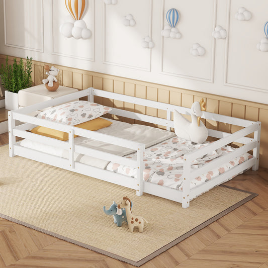 Twin Size Floor Bed, Montessori Floor Bed With Fence, Kids Montessori Bed Twin Size, Wood Montessori Floor Bed For Kids, Girls, Boys,white.