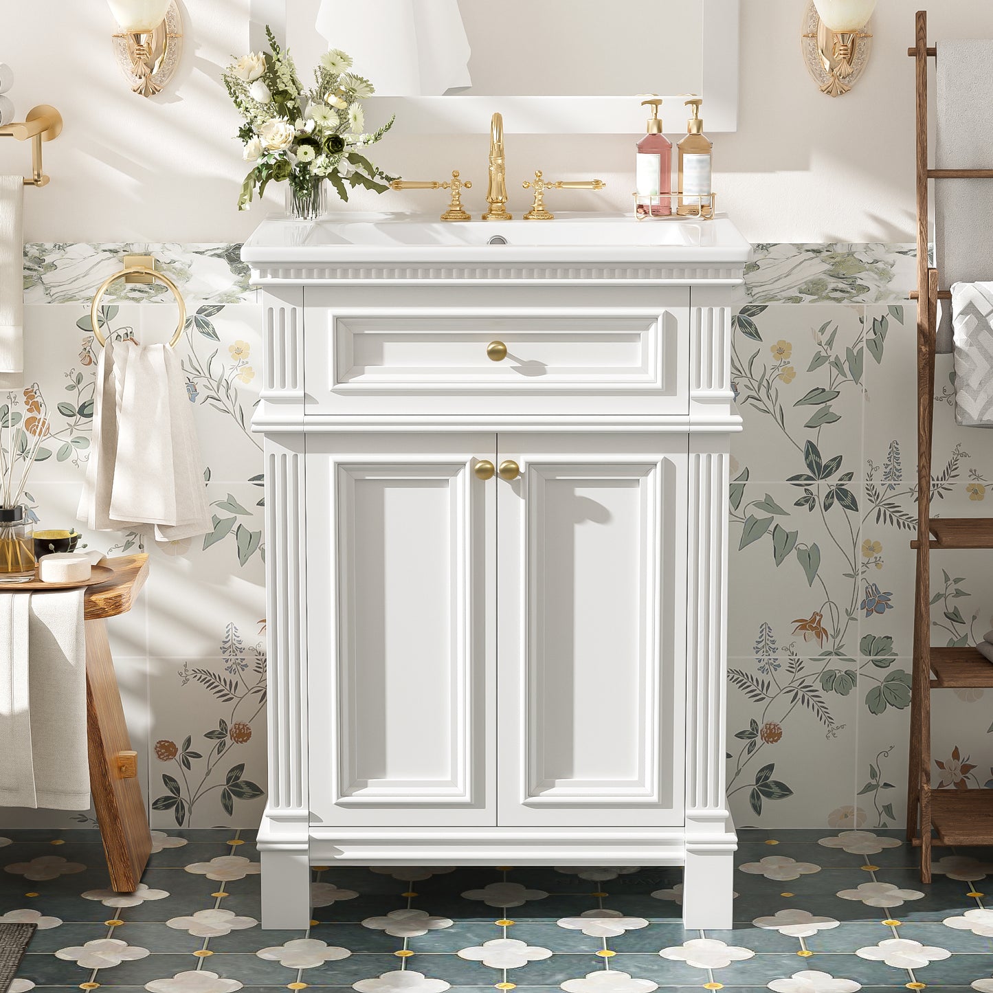 24 Vintage Elegance Bathroom Cabinet With Soft Closing Doors And Adjustable Shelf, Bathroom Vanity With Ceramic Sink