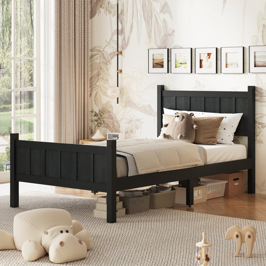 Twin Size Flat Panel Bed With Headboard & Footboard, Minimalist Modern Platform Bed With Wood Grain Finish, Shaker And Farmhouse Style Design, Sleek And Functional Bedroom Furniture,Black