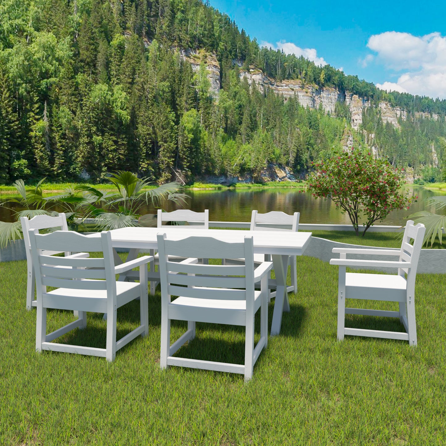 Patio Dining Chair With Armset Set Of 2, Pure White With Wood Grain Wexture,HIPS Material