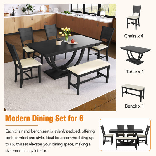 TOPMAX 6-Piece Wood Half Round Dining Table Set Kitchen Table Set With Long Bench And 4 Dining Chairs, Modern Style, Gray