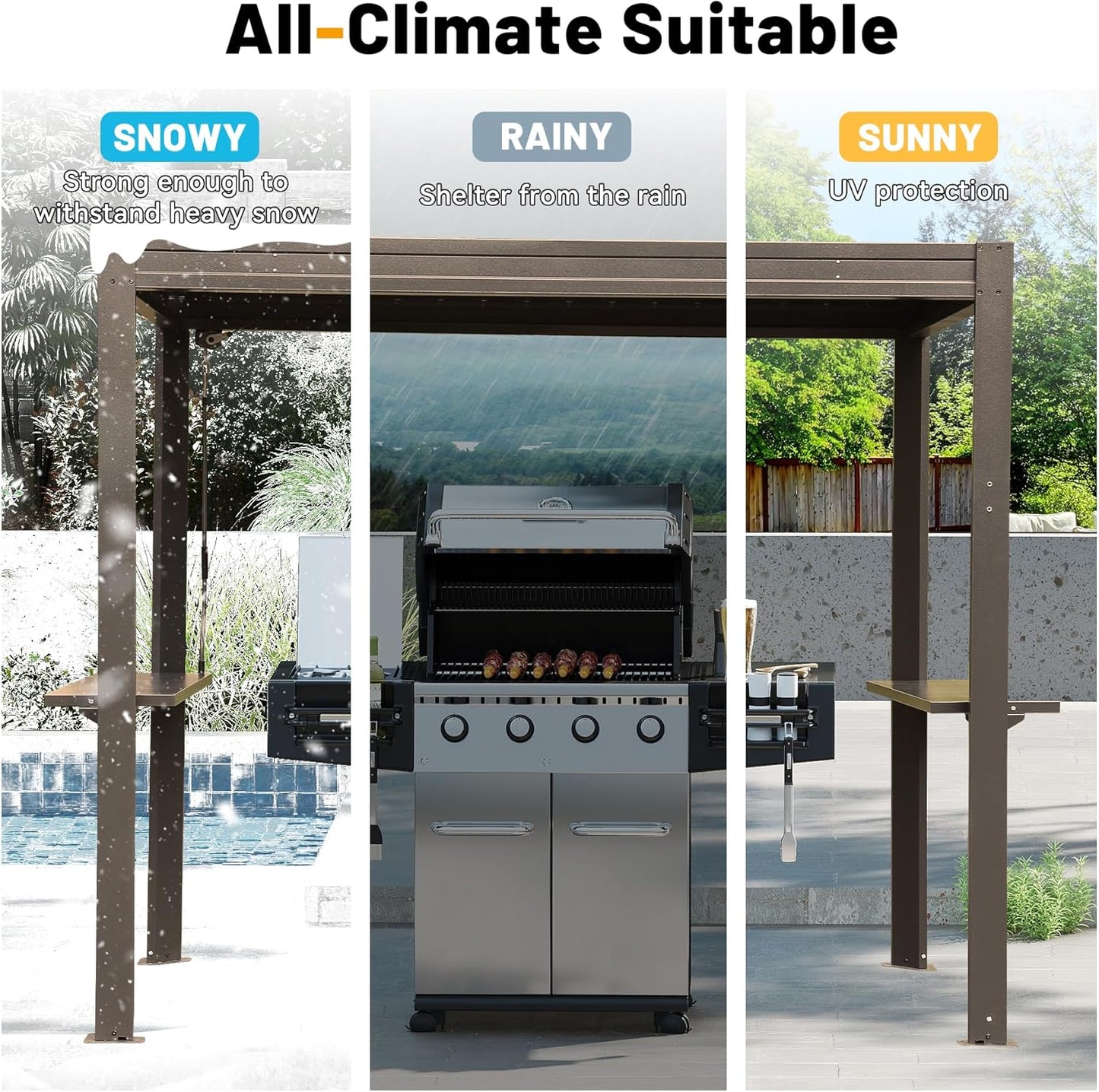 8x5 FT Grill Louvered Pergola For Outdoor Grill, Hardtop Grill Pergola With Built-in Gutter & Adjustable Rainproof Roof, Metal Shelter Gazebo For Patio Deck -Brown